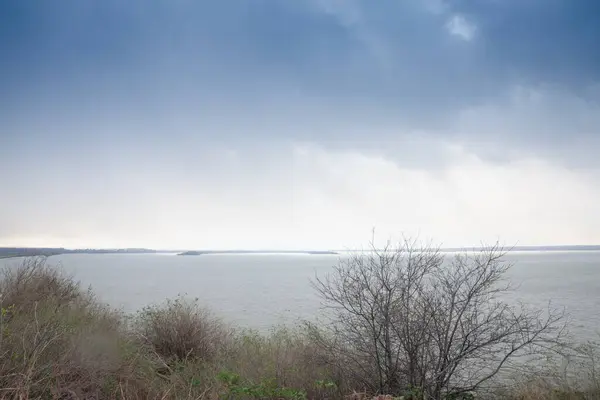 stock image A panoramic view of the Danube River in Serbia during winter. The overcast sky and calm waters create a serene and tranquil scene, highlighting the natural beauty and peacefulness of the landscape.