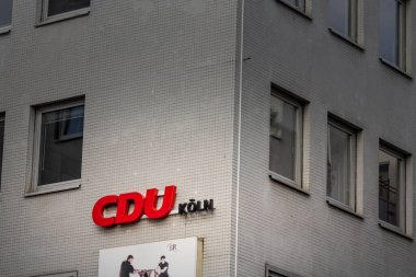 COLOGNE, GERMANY - NOVEMBER 11, 2022: Logo of CDU on their office for Koln (cologne). CDU christlich demokratische union deutschlands, is christian democratic union of Germany, center right wing party. clipart