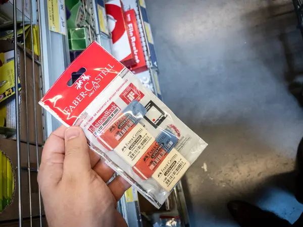 stock image BELGRADE, SERBIA - MAY 21, 2024: Close-up of Faber-Castell erasers on sale in a supermarket in Belgrade. Faber Castell is a german company specialized in stationary, office supplies, school equipment.