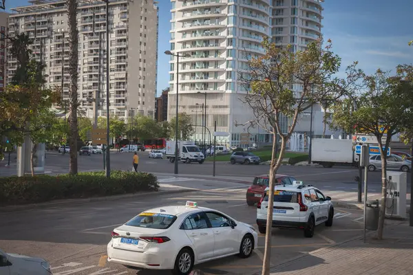 VALENCIA, İspanya - 13 Ekim 2024 Valencia 'da bir cadde boyunca şehrin ulaşım hizmetlerini gösteren bir dizi taksi görüldü. İspanya 'nın denetimli taksi sisteminin bir parçasıdır..