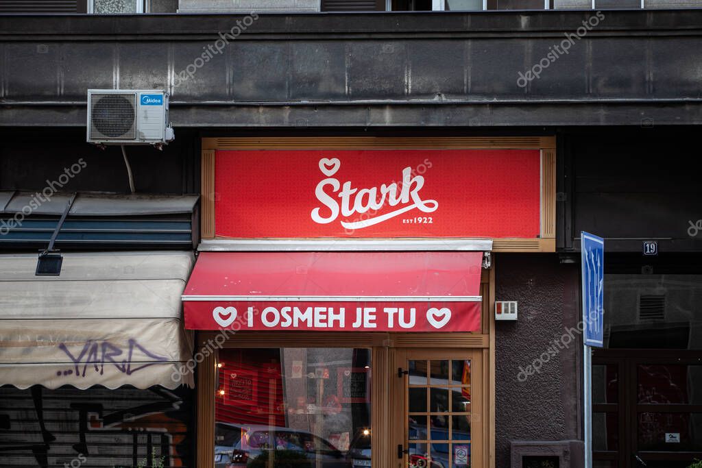 BELGRADE, SERBIA - OCTOBER 12, 2024: Stark logo displayed on their chocolate store in Belgrade, Serbia, representing a well-known Serbian chocolate manufacturer and confectionery brand.