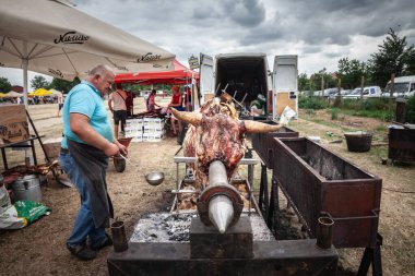 RUMA, SERBIA - 21 Haziran 2024: Tüm boğa, Sırbistan 'ın Ruma kentindeki bir pazarda kızararak rustik yemek sunuyor. Bu geleneksel yemek pişirme yöntemine, Sırp mutfağında 