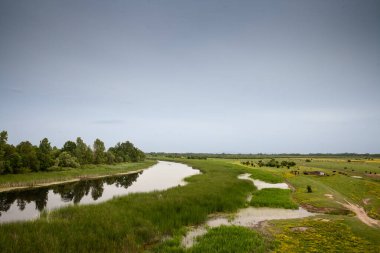 A sweeping view of sprawling pastures and wetlands in Zasavica, Vojvodina, Serbia showcasing local agriculture, lush greenery, and a quiet rural backdrop, as well as a pond and a swamp. clipart