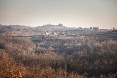 Sırbistan 'ın Kosmaj kentinin yuvarlak tepelerindeki kırsal evler ve çiftlikler, Balkan kırsal kesimlerine özgü geleneksel tarım ve huzurlu manzaraları gözler önüne seriyor.