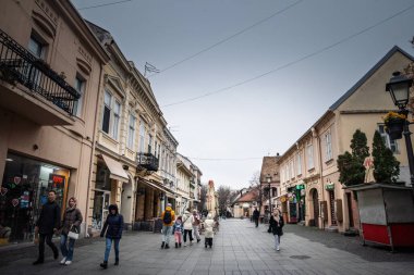 BELGRAD, SERBIA - 16 Ocak 2025: Kışın Zemun şehir merkezinin ana caddesi olan Gospodska ulica 'nın Panorama' sı. Zemun Belgrad 'ın bir banliyösü.