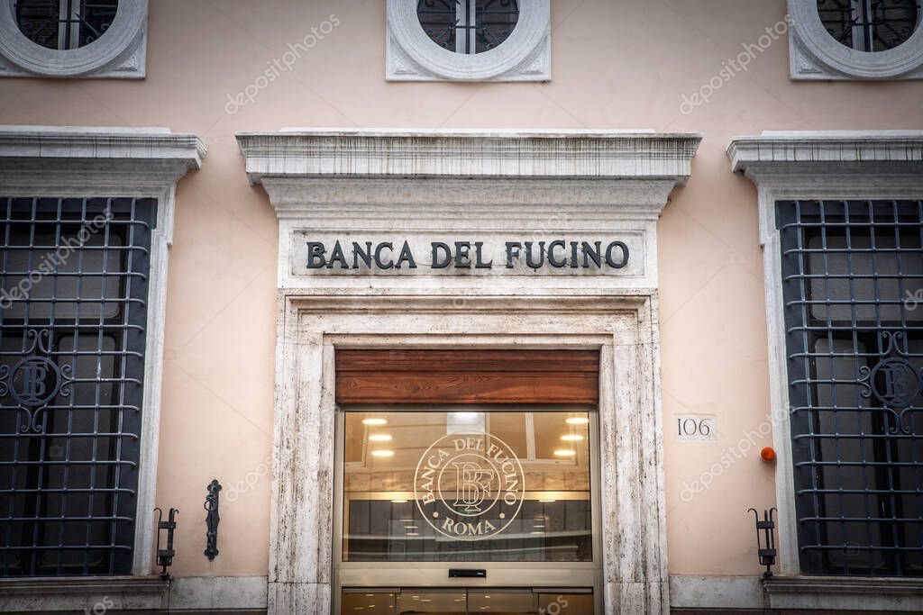 ROME, ITALY - JANUARY 15, 2025: Entrance of Banca del Fucino office in Rome, Italy, featuring its prominent logo and traditional facade. Banca del fucino is an private italian bank.