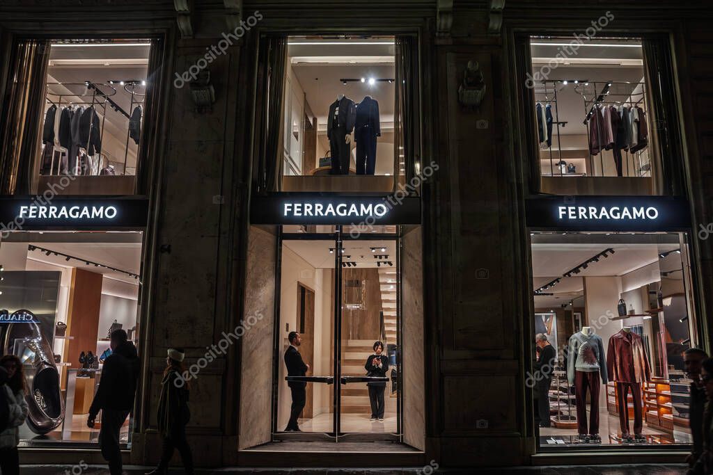 ROME, ITALY - JANUARY 15, 2025: Logo of Ferragamo on luxury fashion store in Rome, Italy. Salvatore Ferragamo is an italian fashion designer, specialized in luxury menswear and womenswear.