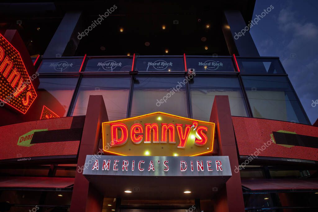 LAS VEGAS, AUGUST 21, 2024: Denny's logo in front of their restaurant in Las Vegas. Dennys is an American chain of restaurants diner style