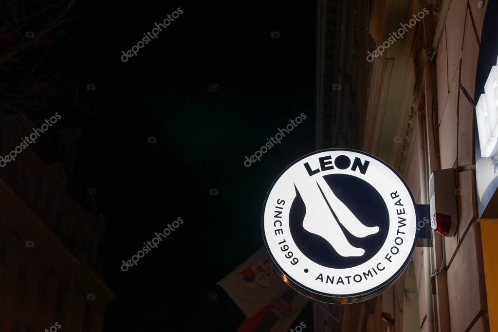 BELGRADE, SERBIA - MARCH 22, 2025: sign displaying the logo of Leon Anatomic Footwear. Part of Obuca beograd, Leon is a serbian footwear manufacturer specialized in sandals and orthopedic shoes.