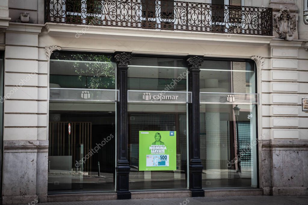 VALENCIA, SPAIN - OCTOBER 13, 2024: The Cajamar bank logo on their office in Valencia. Cajamar Caja Rural is a Spanish cooperative bank and financial institution.