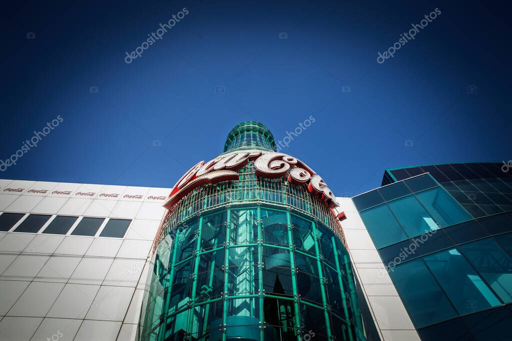 LAS VEGAS, AUGUST 21, 2024: Giant Coca-Cola logo on the storefront of its Las Vegas store as a bottle. Coca Cola is an american brad of cola soda and carbonated drinks.