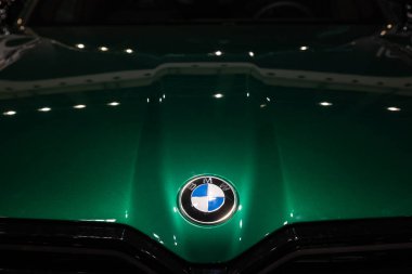 BELGRAD, SERBIA - 21 Mart 2025: BMW Logosu, Sırbistan 'ın Belgrad kentinde satılık yeni bir araba üzerinde. BMW bir Alman otomotiv üreticisi..