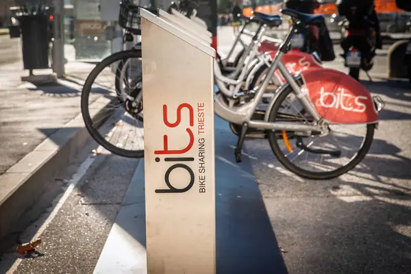 TRIESTE, İTALYA - 17 Aralık 2024: BITS Motorsiklet Paylaşımı Trieste marka kiralık bisikletlerle kenetlenmiş bir Bilet Kenetlenme Sütunun Kapanışı