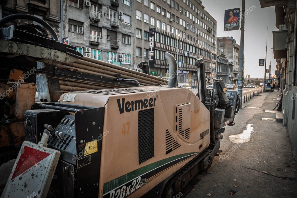 BELGRADE, SERBIA - FEBRUARY 6, 2025: A Vermeer D2022 FX horizontaldirectional drilling machine stands on a Belgrade sidewalk during streetworks