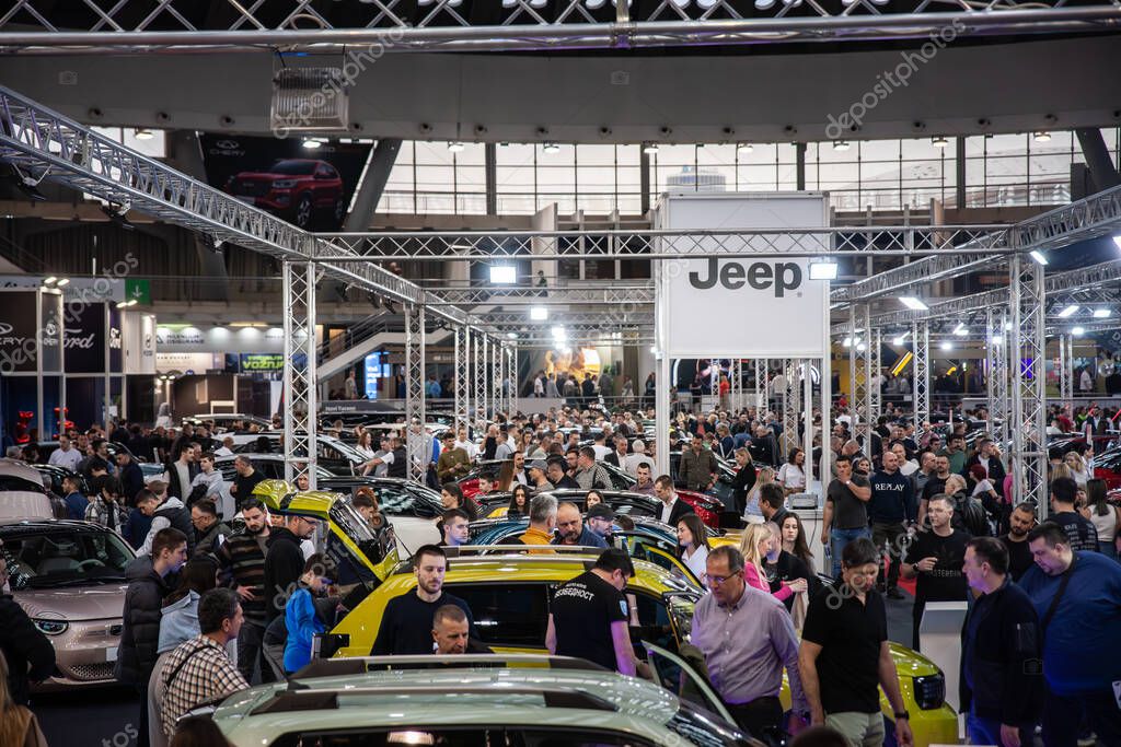 BELGRADE, SERBIA - MARCH 21, 2025: Jeep logo in their dealership in Belgrade crowded. Jeep is an American car and automotive manufacturer, part of Stellantis.