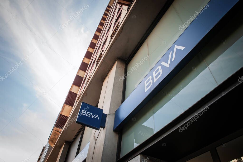 VALENCIA, SPAIN - OCTOBER 13, 2024: BBVA logo on their bank in Valencia. BBVA, or Banco Bilbao Vizcaya Argentaria, is a spanish retail and investment bank.