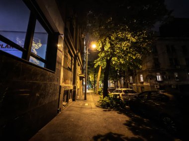 BELGRAD, SERBIA - 15 Nisan 2025: Donji Dorcol 'deki boş Knicaninova Caddesi' ne yalnız bir sokak lambası, park halindeki arabaları, yapraklı dalları ve gölgeli cepheleri gözler önüne seriyor.