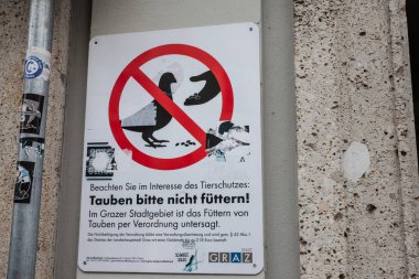 GRAZ, AUSTRIA - 17 Aralık 2024: Graz 'da bir güvercin üzerinde beslenme sembolü bulunmayan belediye işareti: Tauben bitte nicht futtern. Şehirdeki güvercinleri beslemek yasaklandı ve para cezasına çarptırıldı..