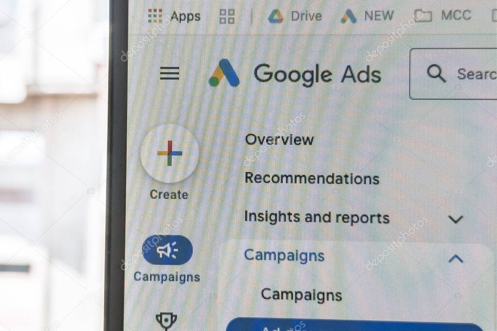 BELGRADE, SERBIA - MARCH 22, 2025: computer monitor showing the Google Ads interface, navigation menu, overview and campaigns, illustrating online advertising platform for PPC pay-per-click marketing.