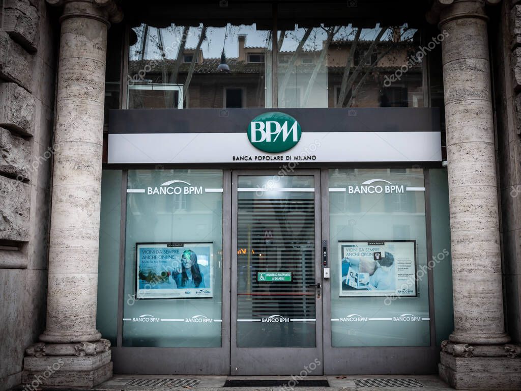 ROME, ITALY - JANUARY 15, 2025: Facade of Banco BPM (Banca Popolare di Milano) branch shows green BPM logo; banco Popolare di Milano is an italian retail bank.