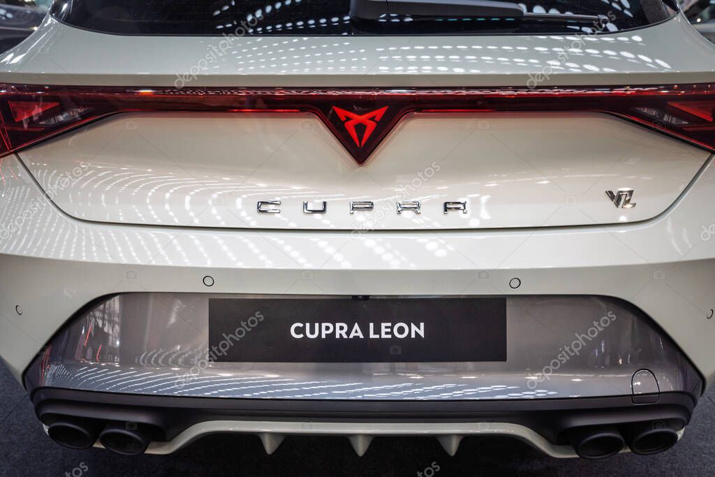 BELGRADE, SERBIA - MARCH 15, 2025: close-up of glossy rear panel on a cupra Leon VZ in Belgrade, Serbia. Part of Volkswagen and Seat, Cupra is an electric car manufacturer specialized in EV.