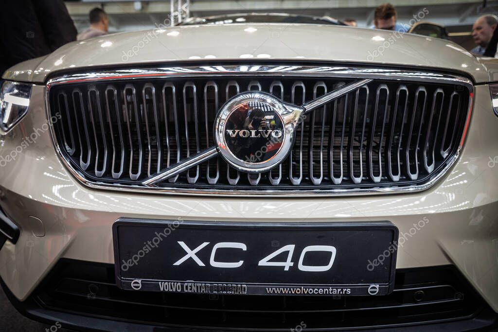 BELGRADE, SERBIA - MARCH 22, 2025: Volvo XC40 compact crossover SUV logo at a Volvo car dealership in Belgrade. Volvo is a swedish car manufacturer.