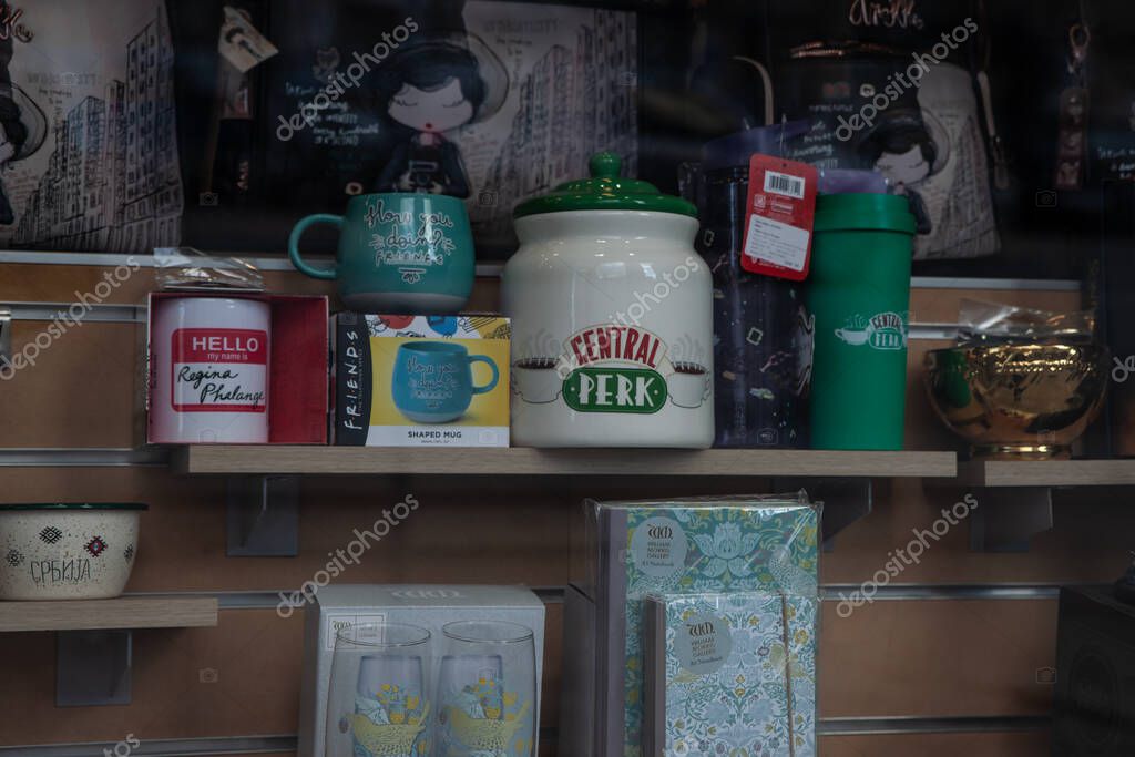BELGRADE, SERBIA - MARCH 22, 2025: Storefront shelf displaying licensed Friends