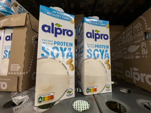 BELGRAD, SERBIA - 15 Mart 2025: Belgrad 'da satılık bir kutu protein soya sütü üzerinde Alrpo logosu. Alpro, organik olmayan, vegan temelli alternatif sütün Belçikalı bir üreticisi..