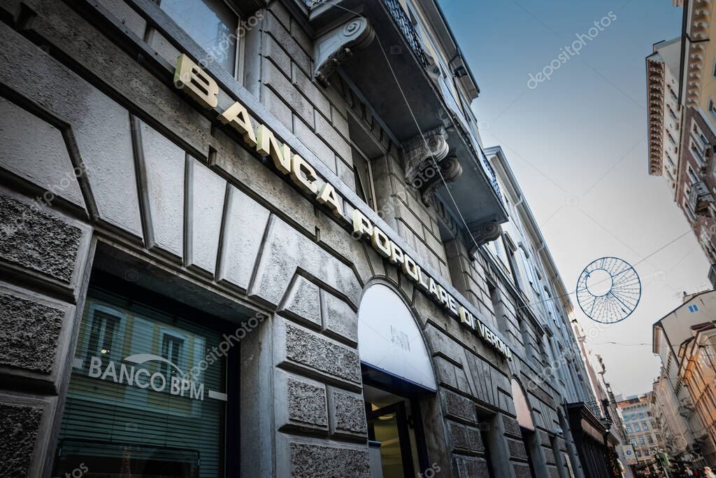 TRIESTE, ITALY - DECEMBER 17, 2024: Banca Popolare di Verona logo on their bank in Trieste. Part of Banco BPM, banca popolare di verona is an italian bank and credit institution.