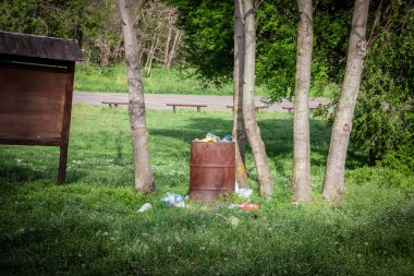 Çimenli bir ormanlık alanda çöp tenekesi olarak kullanılan paslı çelik varil, plastik şişeler ve çöplerle dolup taşıyor, doğal ortamdaki çevre kirliliğini vurguluyor..
