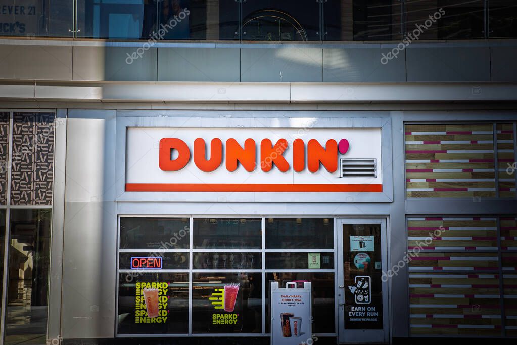 LAS VEGAS, AUGUST 21, 2024: Dunkin Donuts logo on a fast food in Las Vegas. DD, or Dunkin Donuts, is American fast food chain and bakery.