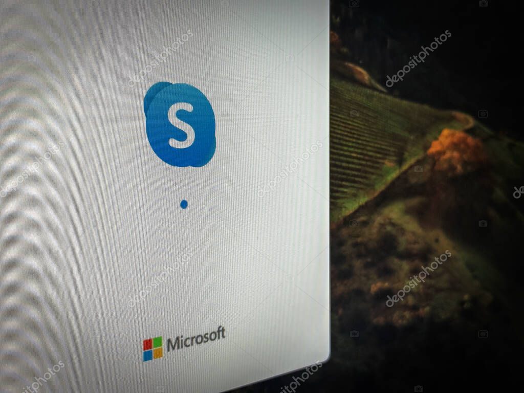 BELGRADE, SERBIA - MAY 6, 2025: Close view of a computer display showing the Skype logo during app startup. Skype was an instant messaging and video call application and solution, now discontinued.