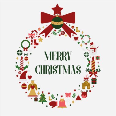 Mutlu Noeller ve Noel ağacıyla yeni yıl tebrik kartı. Düz simgelerin Noel seti.