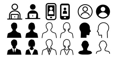 Erkek, kadın kullanıcı simgesi seti, profil avatar siluet çizimi, vektör materyali