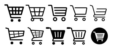 Alışveriş arabası simgesi seti, sipariş düğmesi varyasyonu çizimi, vektör siyah ve beyaz malzeme