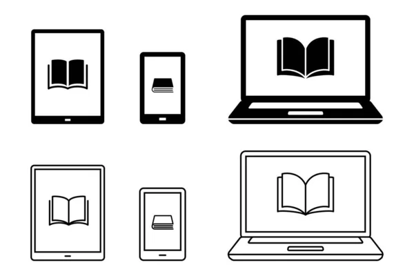 Marca Icono Libro Electrónico Computadora Tableta Teléfono Inteligente Línea Dibujo — Vector de stock