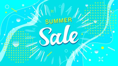 Pop yaz satışı tasarımı, karbonlaştırma ile patlayan yaz resimlerinin çizimi. Açık mavi vektör arkaplanı