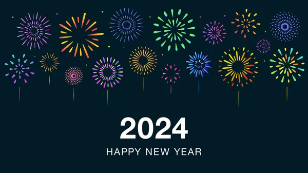 2024 Mutlu yıllar havai fişekler yeni yıl kutlaması için siyah kart vektörü materyali