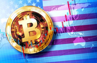 Bitcoin yükselen grafiği, Amerikan bayrağı ve dünya haritası resimleme materyali