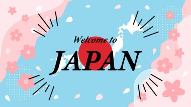 Japonya 'ya hoş geldiniz. Japonya haritası, Hinomaru ve bahar kiraz çiçeklerinin vektör arkaplan resimleme materyali