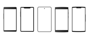 Beyaz ekran ile akıllı telefon sınır çerçevesi, çeşitli şekillerde cep telefonu modelleri koleksiyonu, akıllı telefon dizilimi, şeffaf arkaplan üzerindeki vektör illüstrasyon materyali
