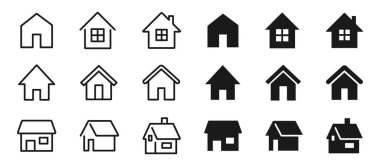 Ev nesneleri, basit ev simgeleri, konut ve gayrimenkul katı renk ve beyaz arkaplan üzerine çizgi çizim vektörü illüstrasyonu