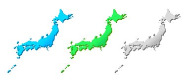 Japonya haritası gerçekçi ve 3D Japon takımadaları, mavi, yeşil, gri vektör illüstrasyon malzemesi seti