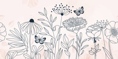 Seamless Flower composition. Full vector illustration with Pink Watercolor Effect background. Fully editable stroke