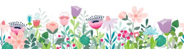 Cute horizontal banner with colourful hand drawn blooming flowers. Vibrant colors horizontal Floral Seamless Pattern Border. Vector illustration on white background clipart