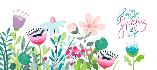 Hello Spring Konzeptbanner Mit Handgezeichneten Niedlichen Blumen Auf Weißem Hintergrund — Stockvektor