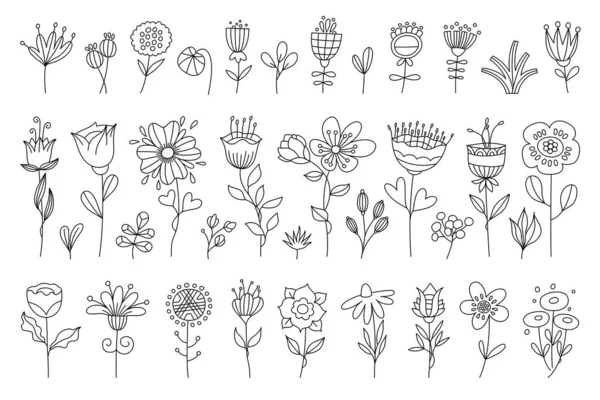 このベクターストックイラストは ミニマルな細い線スタイルで描かれた繊細な植物や花のコレクションを特徴としています 各描写は 風通しの良い 軽い品質 エーテル感を維持しながら 複雑に詳述されています — ストックベクタ