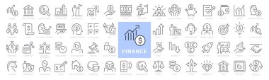 Finans çizgisi simgeleri ayarlandı. Para ödemeleri öğeleri simge koleksiyonunu özetliyor. Ödeme elementleri sembolleri. Para, para, banka, kripto para, çek, cüzdan, domuzcuk, denge, kasa