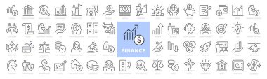 Finans çizgisi simgeleri ayarlandı. Kurumsal İş Vektörü ana hatları simge koleksiyonu. Para birimi, Borsa, Mali Danışman, Halk Fonu, Yönetim Kurulu, Bankacılık, Denge, Güvenli. Vektör Resimleri