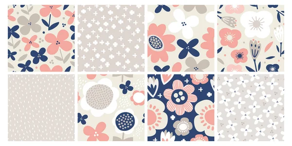 Trendy Floral Seamless Pattern Collection Set Vintage 70S Style Flower — Stock Vector